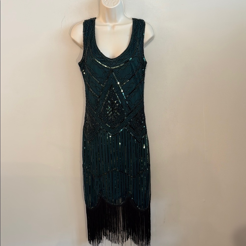 Beaded Forest Green Fringe 1920’s Sleeveless Dress